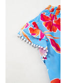 Sky Blue Floral Print V Neck Pompom Trim Flutter Sleeve Blouse - M