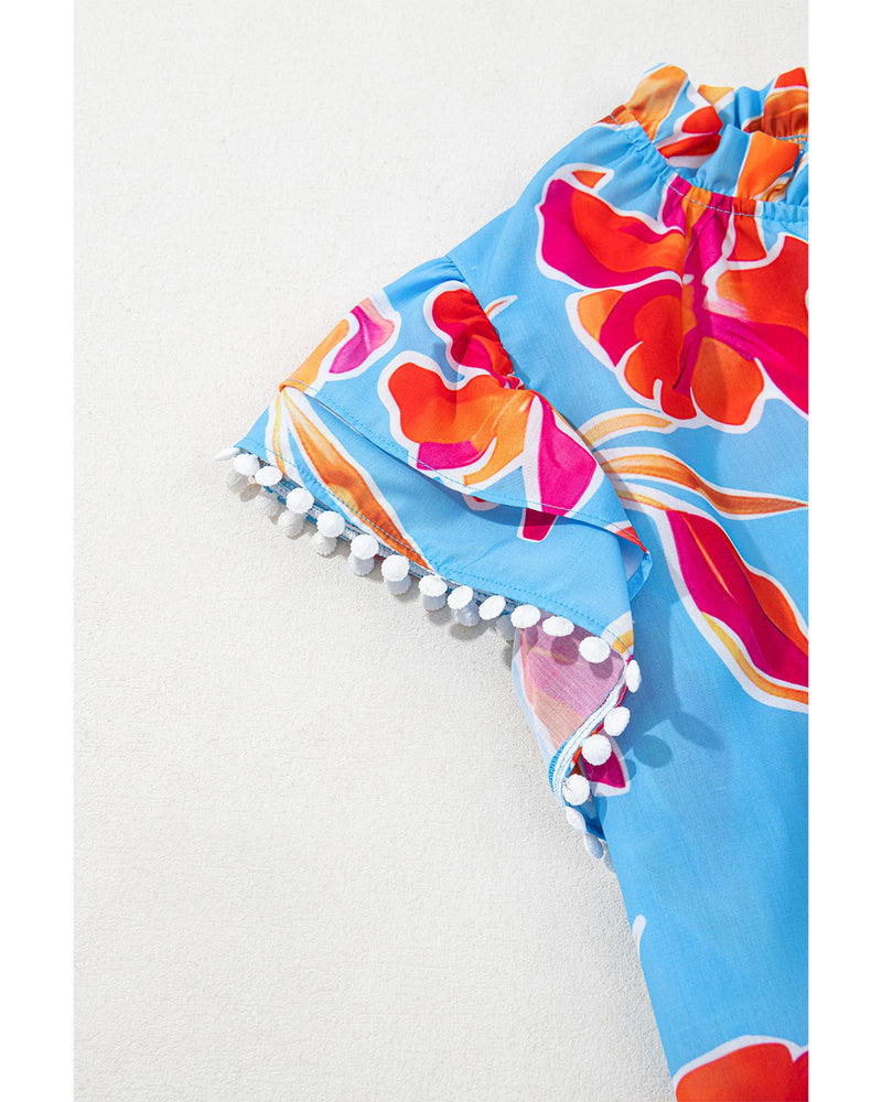 Sky Blue Floral Print V Neck Pompom Trim Flutter Sleeve Blouse - M
