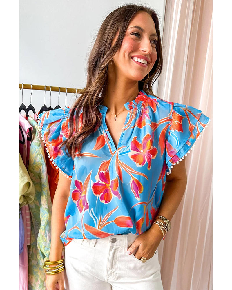 Sky Blue Floral Print V Neck Pompom Trim Flutter Sleeve Blouse - S