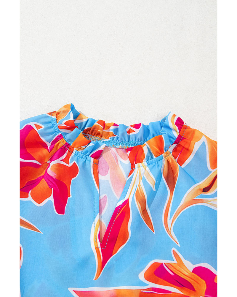 Sky Blue Floral Print V Neck Pompom Trim Flutter Sleeve Blouse - S