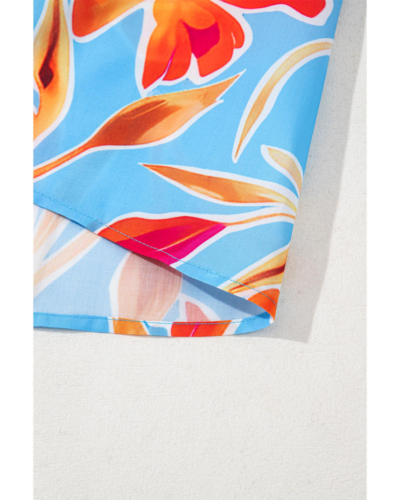 Sky Blue Floral Print V Neck Pompom Trim Flutter Sleeve Blouse - S