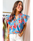 Sky Blue Floral Print V Neck Pompom Trim Flutter Sleeve Blouse - XL