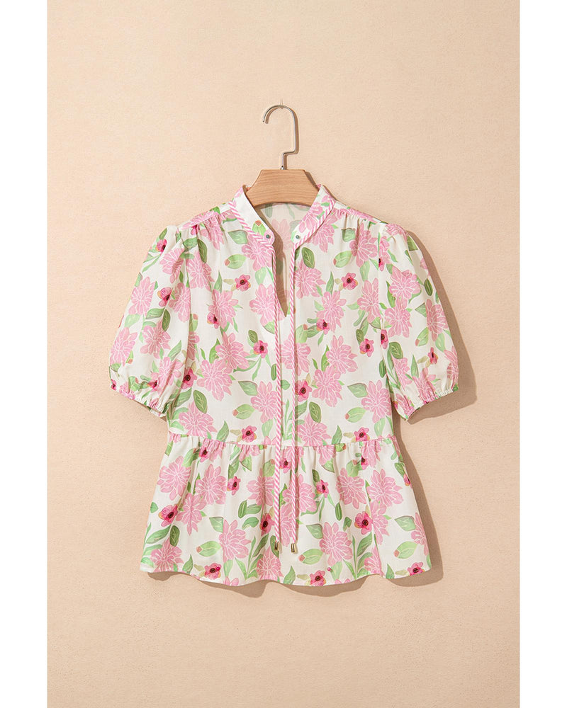 Pink Floral Print Drawstring V Neck Peplum Blouse - L