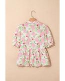 Pink Floral Print Drawstring V Neck Peplum Blouse - L