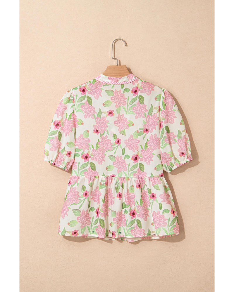 Pink Floral Print Drawstring V Neck Peplum Blouse - L
