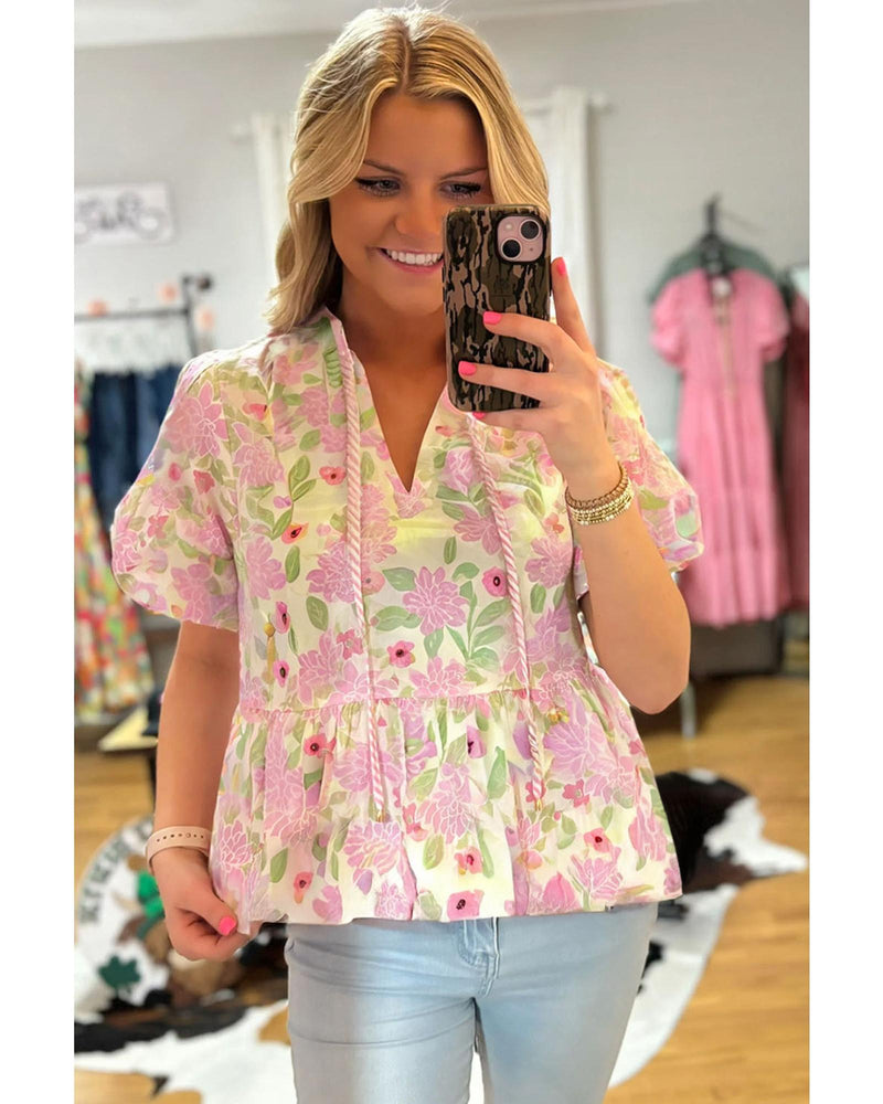 Pink Floral Print Drawstring V Neck Peplum Blouse - M