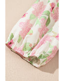 Pink Floral Print Drawstring V Neck Peplum Blouse - M