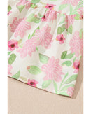 Pink Floral Print Drawstring V Neck Peplum Blouse - M