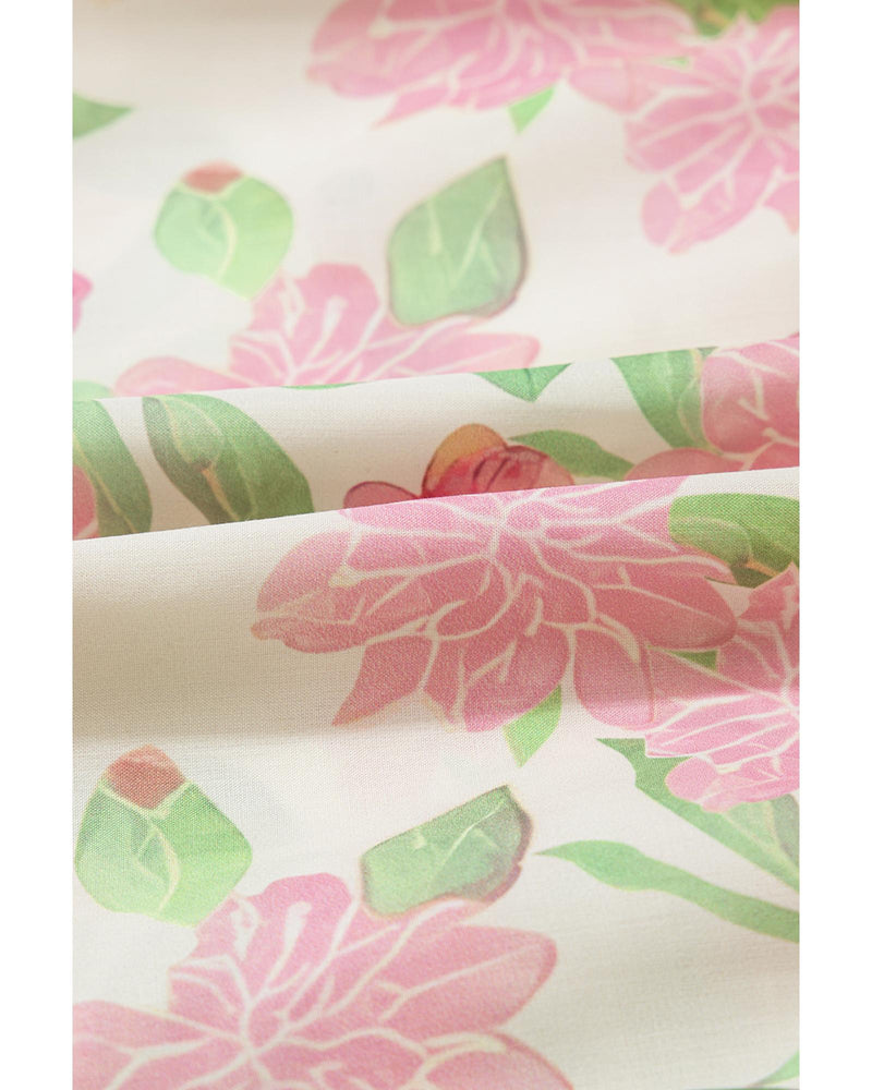 Pink Floral Print Drawstring V Neck Peplum Blouse - M