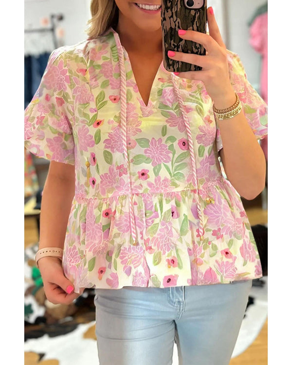 Pink Floral Print Drawstring V Neck Peplum Blouse - S