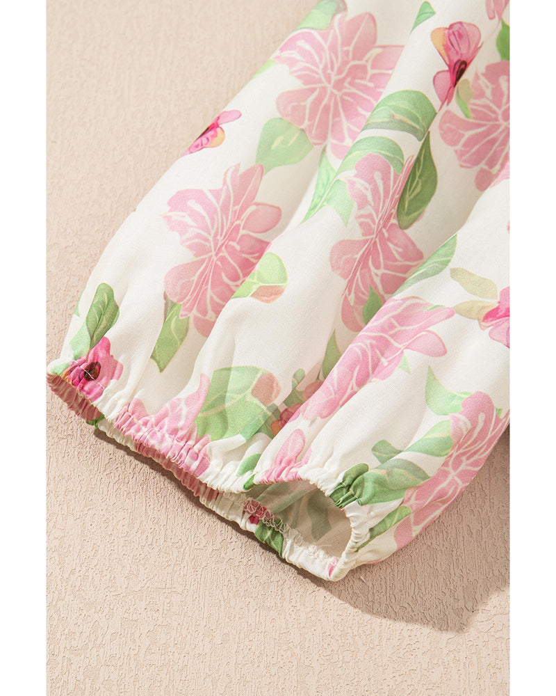 Pink Floral Print Drawstring V Neck Peplum Blouse - S