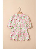 Pink Floral Print Drawstring V Neck Peplum Blouse - XL