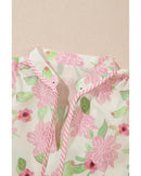 Pink Floral Print Drawstring V Neck Peplum Blouse - XL