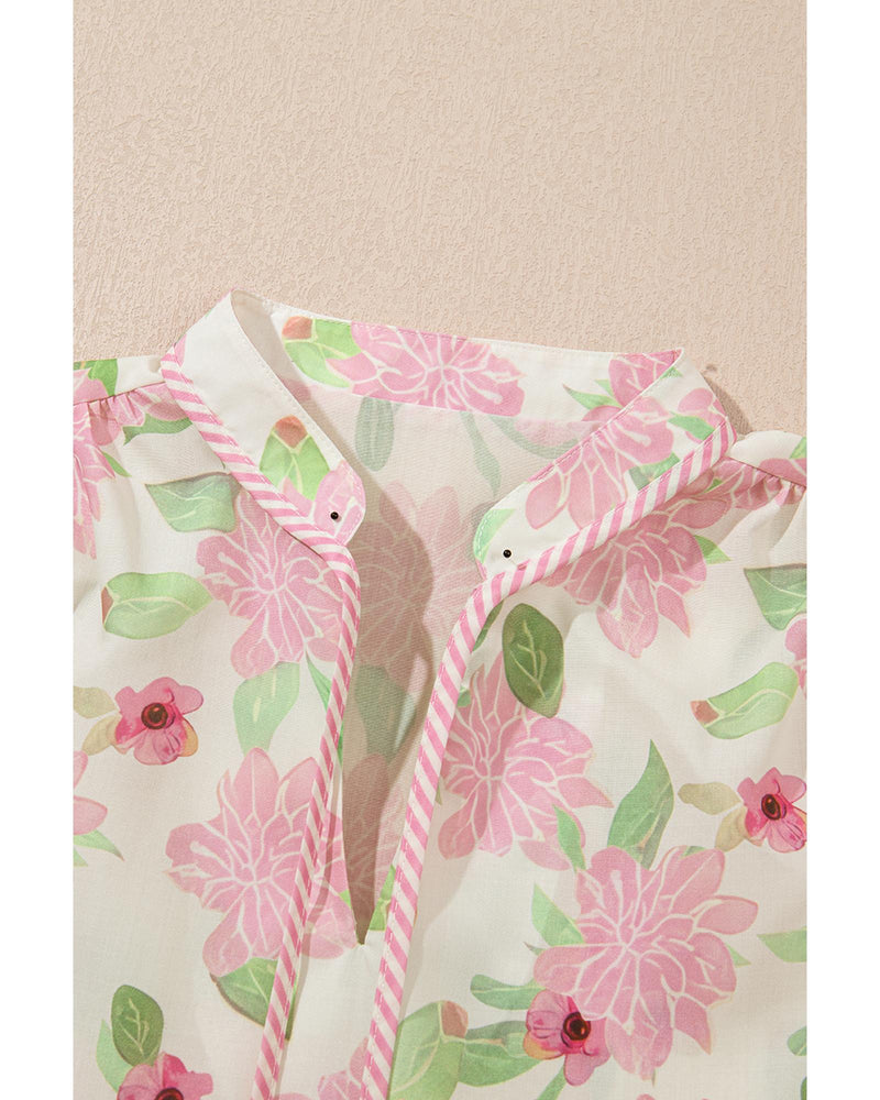 Pink Floral Print Drawstring V Neck Peplum Blouse - XL