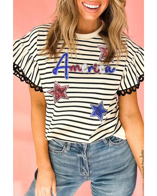 Black Stripe Sequin America Star Graphic Ric Rac Flutter Sleeve Blouse - S