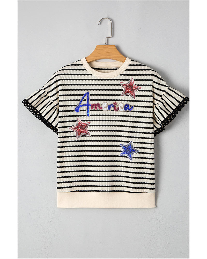 Black Stripe Sequin America Star Graphic Ric Rac Flutter Sleeve Blouse - S