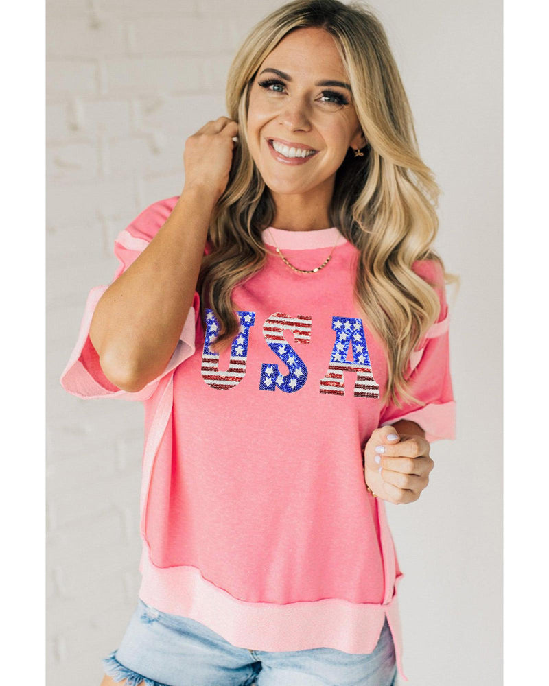 Peach Blossom USA Color Block High Low Crew Neck T Shirt - L