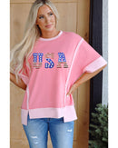 Peach Blossom USA Color Block High Low Crew Neck T Shirt - S