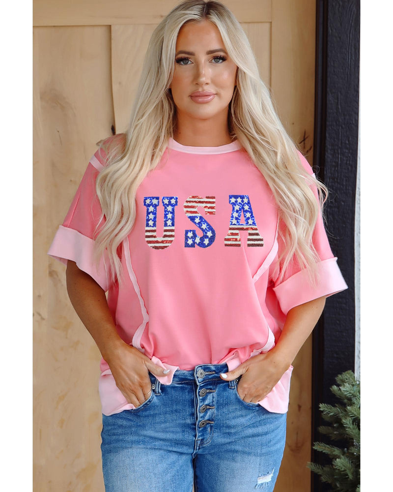 Peach Blossom USA Color Block High Low Crew Neck T Shirt - S