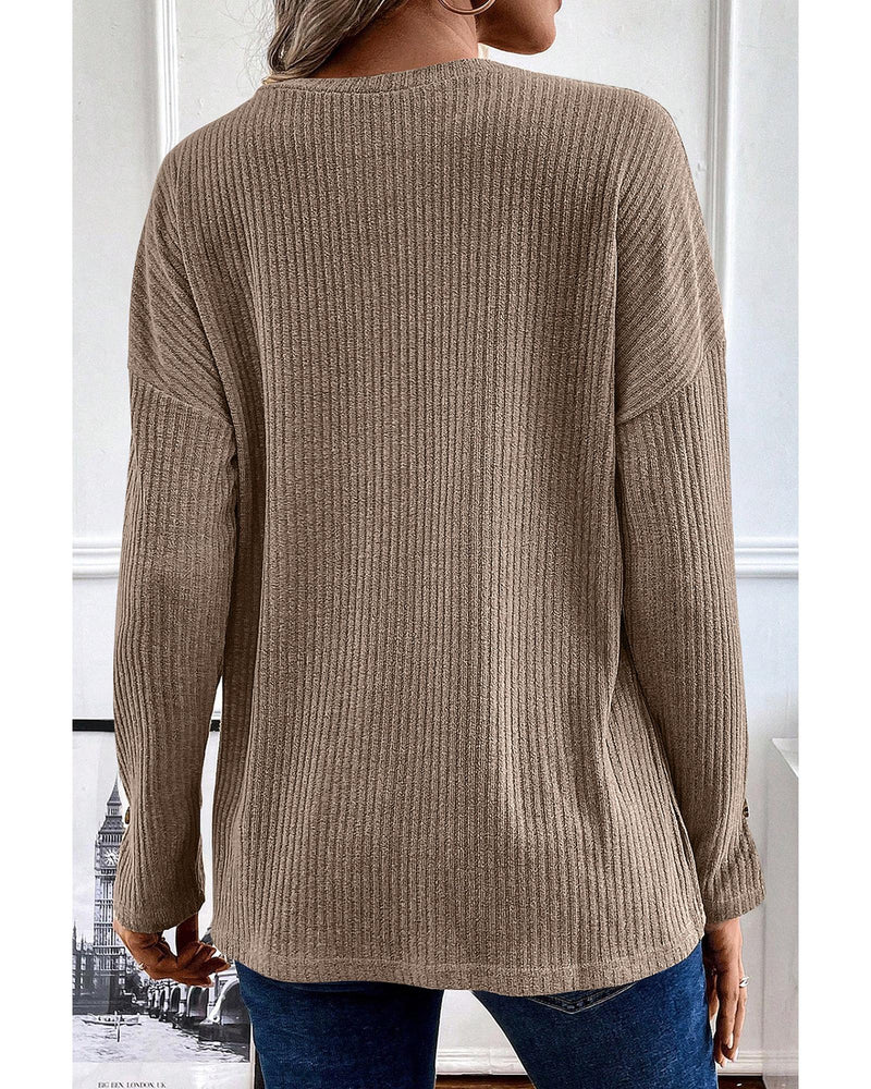 Pale Khaki Rib Textured Henley Knit Top - L