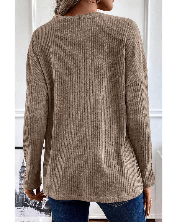Pale Khaki Rib Textured Henley Knit Top - S