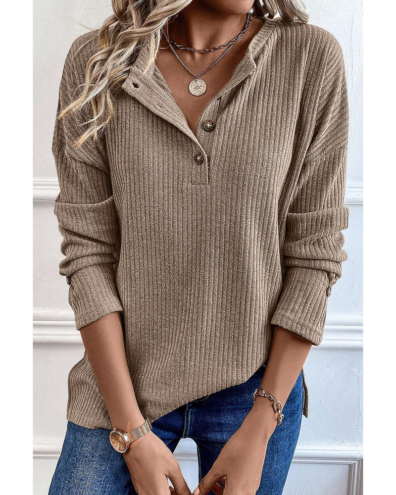 Pale Khaki Rib Textured Henley Knit Top - S