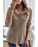 Pale Khaki Rib Textured Henley Knit Top - S