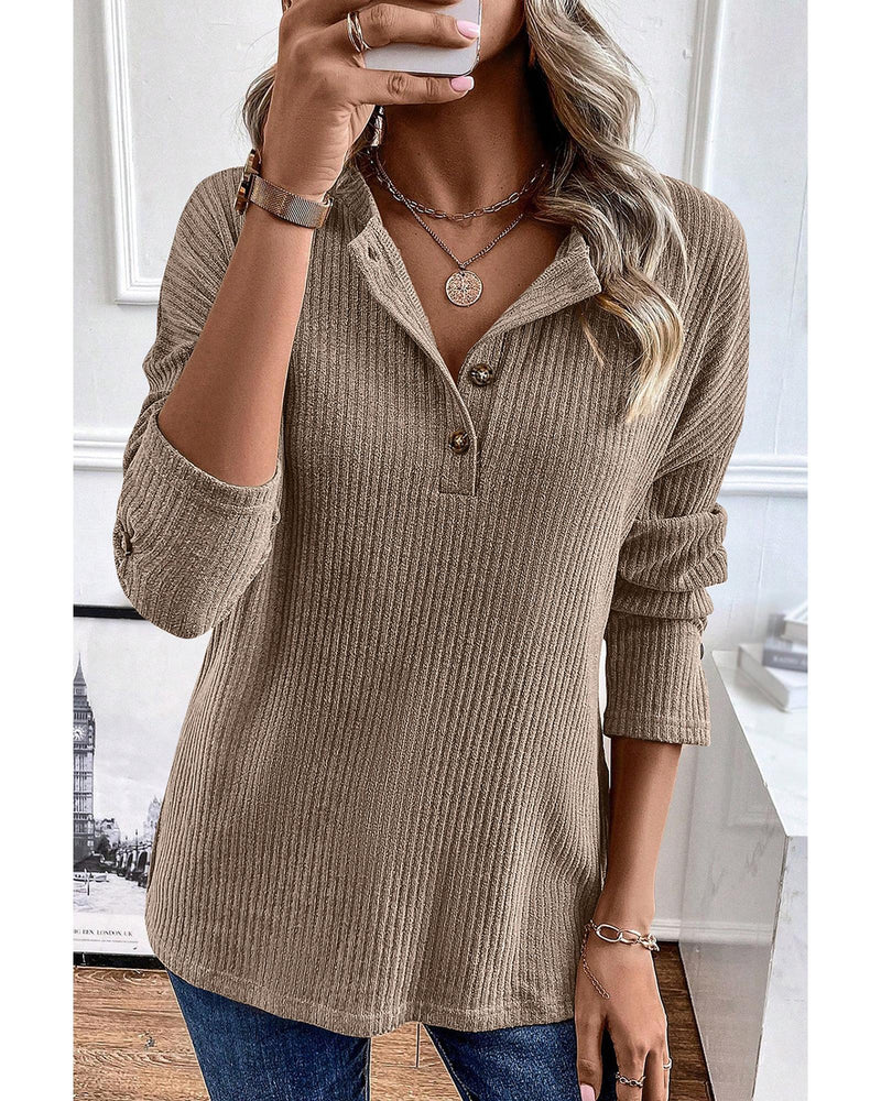 Pale Khaki Rib Textured Henley Knit Top - S