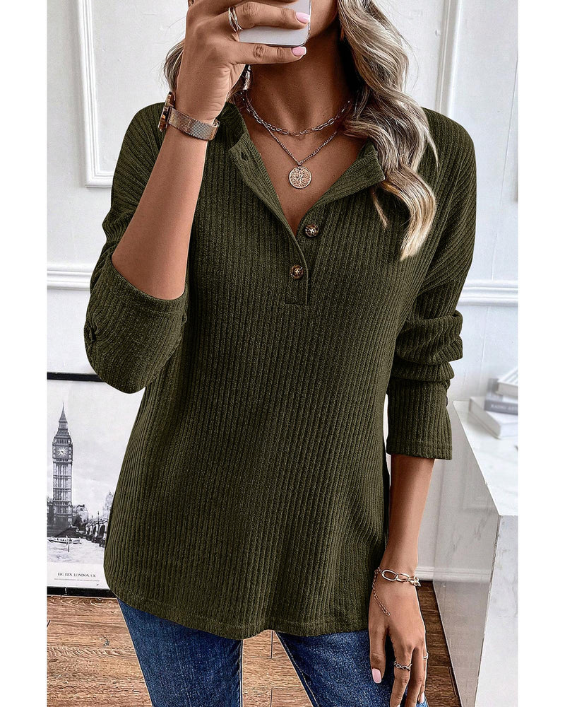 Jungle Green Rib Textured Henley Knit Top - M