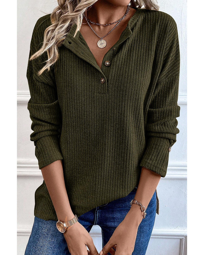 Jungle Green Rib Textured Henley Knit Top - M