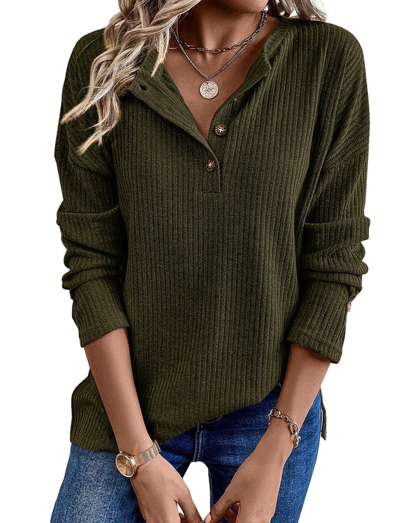 Jungle Green Rib Textured Henley Knit Top - S