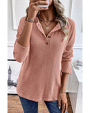 Rose Tan Rib Textured Henley Knit Top - S