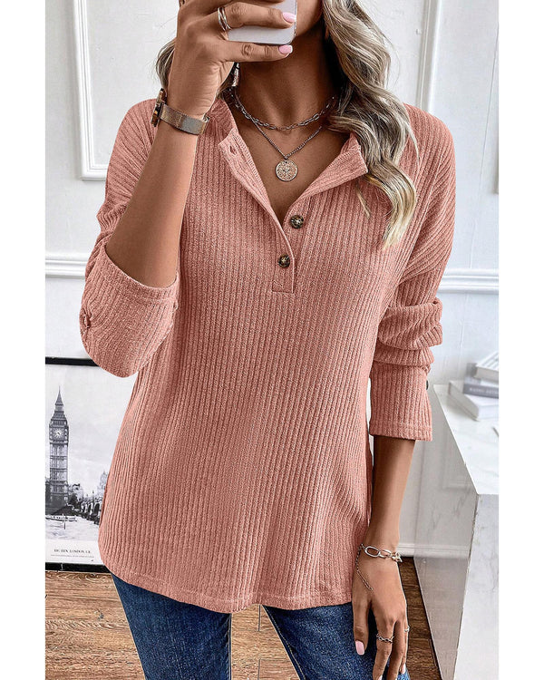 Rose Tan Rib Textured Henley Knit Top - S