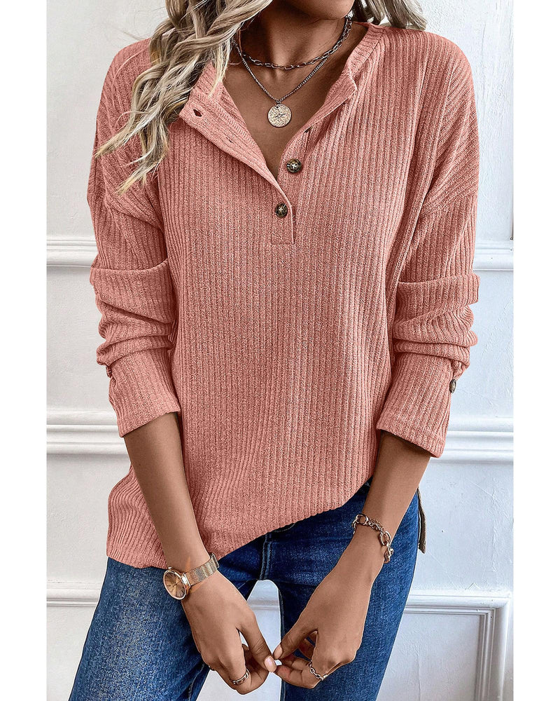 Rose Tan Rib Textured Henley Knit Top - S