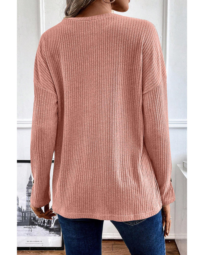 Rose Tan Rib Textured Henley Knit Top - S