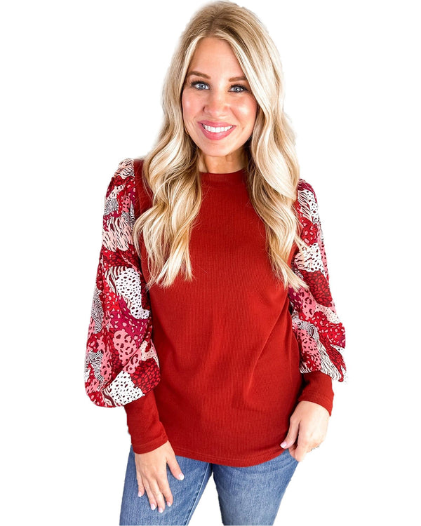 Fiery Red Contrast Mixed Animal Print Lantern Sleeve Patchwork Top - M