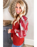 Fiery Red Contrast Mixed Animal Print Lantern Sleeve Patchwork Top - M