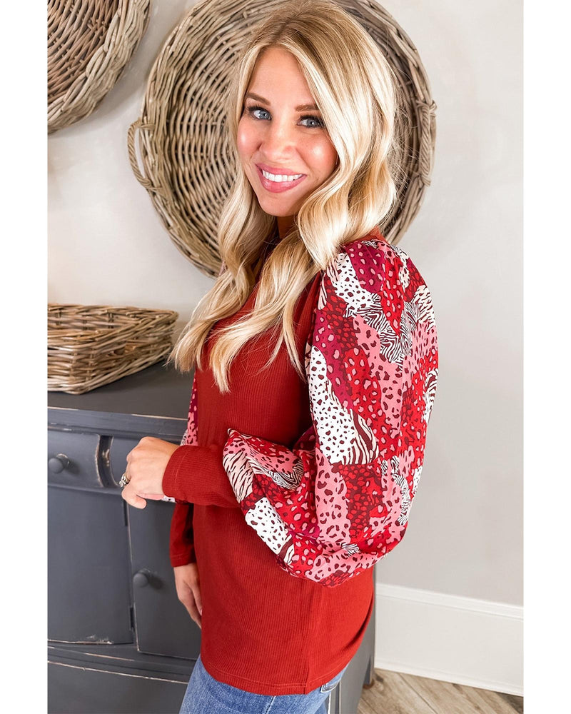 Fiery Red Contrast Mixed Animal Print Lantern Sleeve Patchwork Top - M