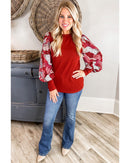 Fiery Red Contrast Mixed Animal Print Lantern Sleeve Patchwork Top - M