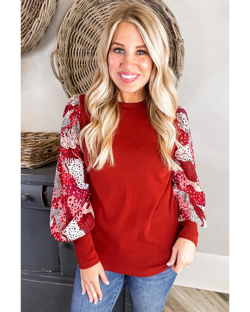 Fiery Red Contrast Mixed Animal Print Lantern Sleeve Patchwork Top - S