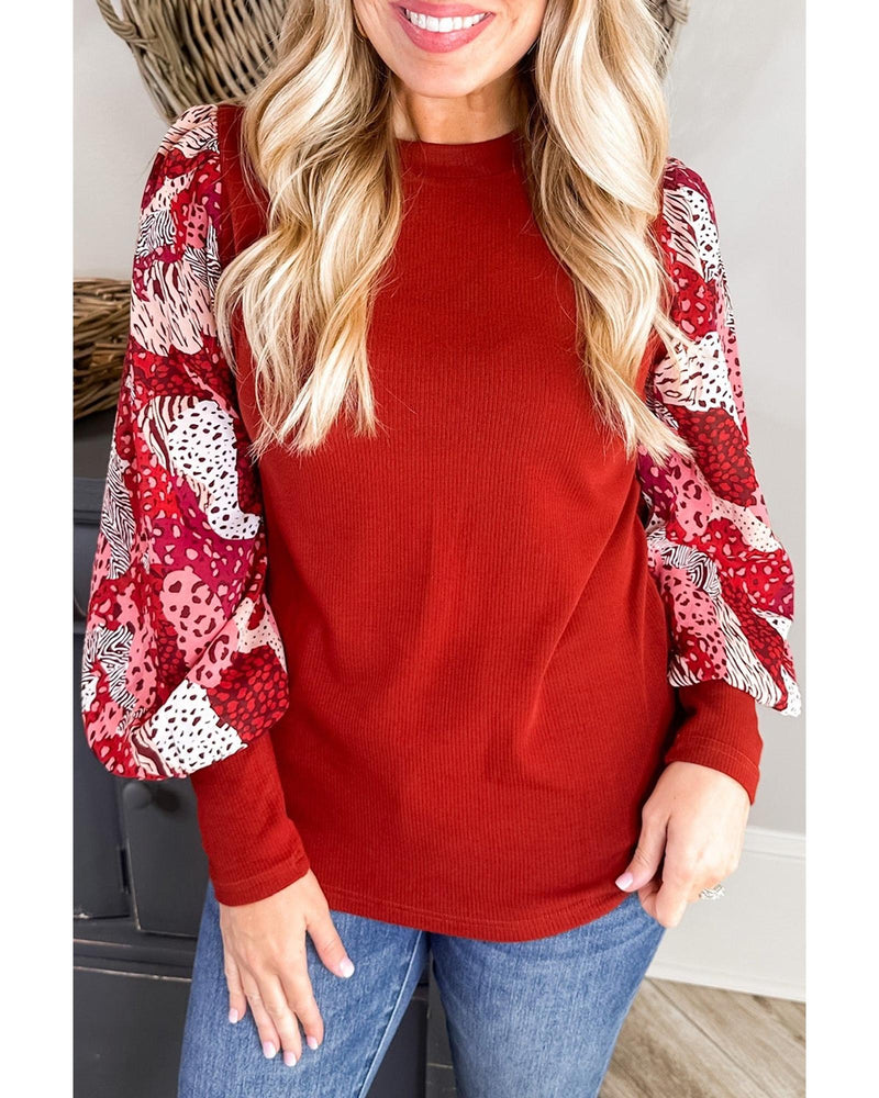 Fiery Red Contrast Mixed Animal Print Lantern Sleeve Patchwork Top - S