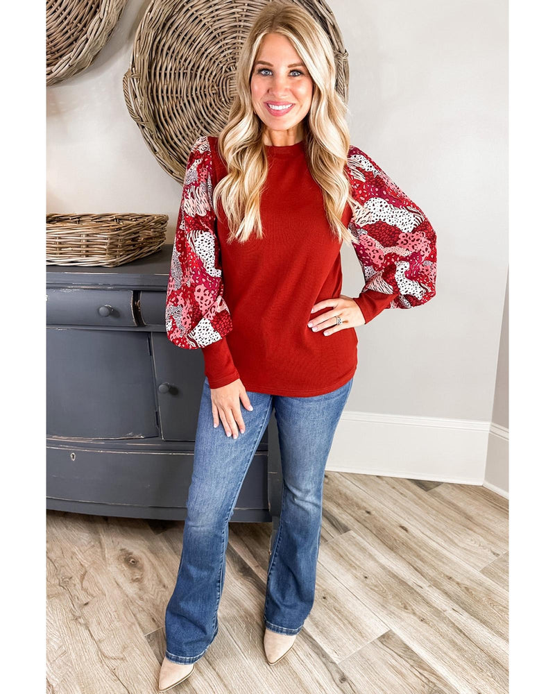 Fiery Red Contrast Mixed Animal Print Lantern Sleeve Patchwork Top - S