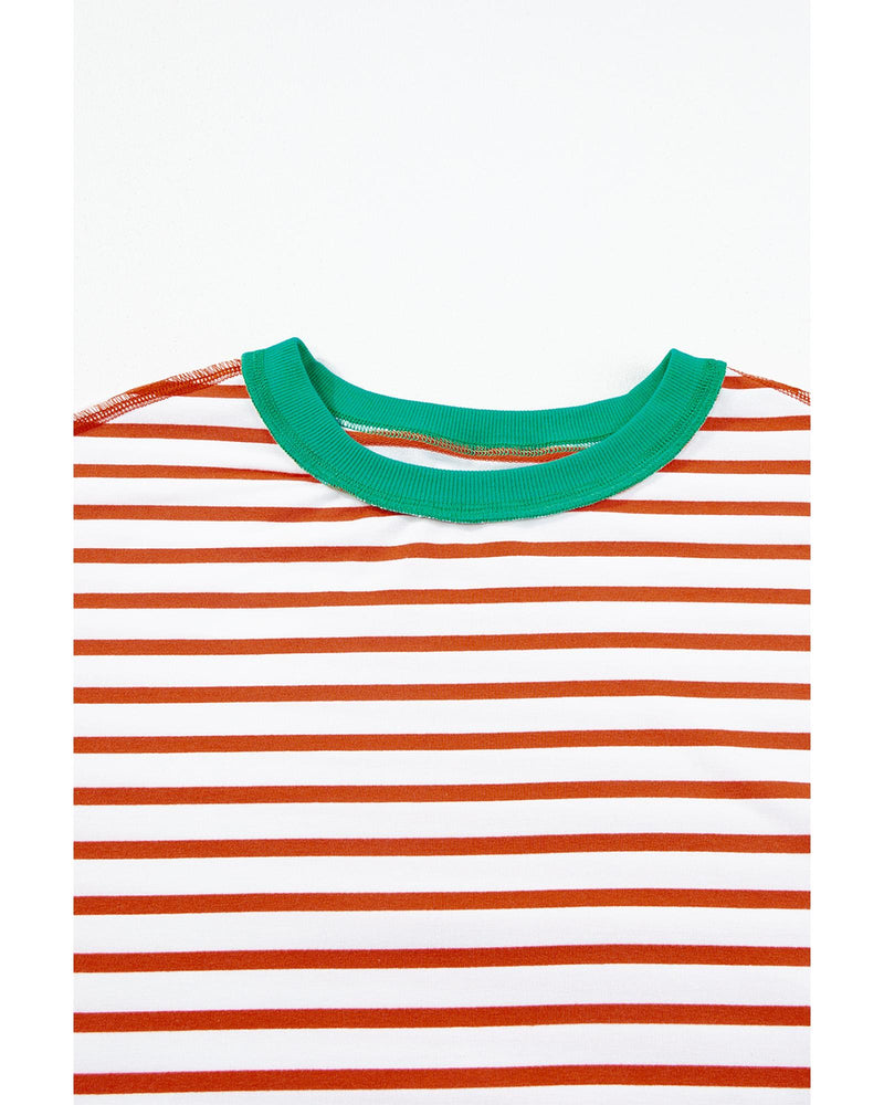 Orange Stripe Oversized Contrast Trim Exposed Seam High Low T Shirt - L