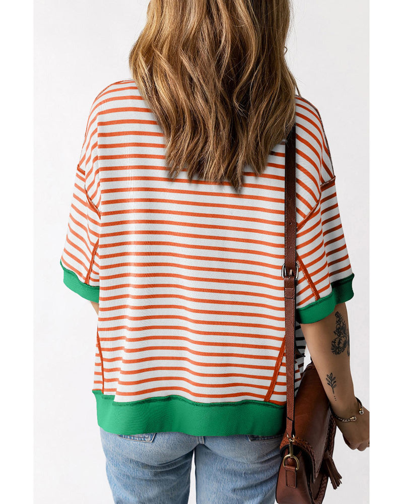 Orange Stripe Oversized Contrast Trim Exposed Seam High Low T Shirt - L