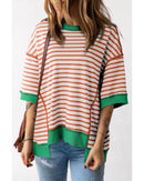 Orange Stripe Oversized Contrast Trim Exposed Seam High Low T Shirt - L