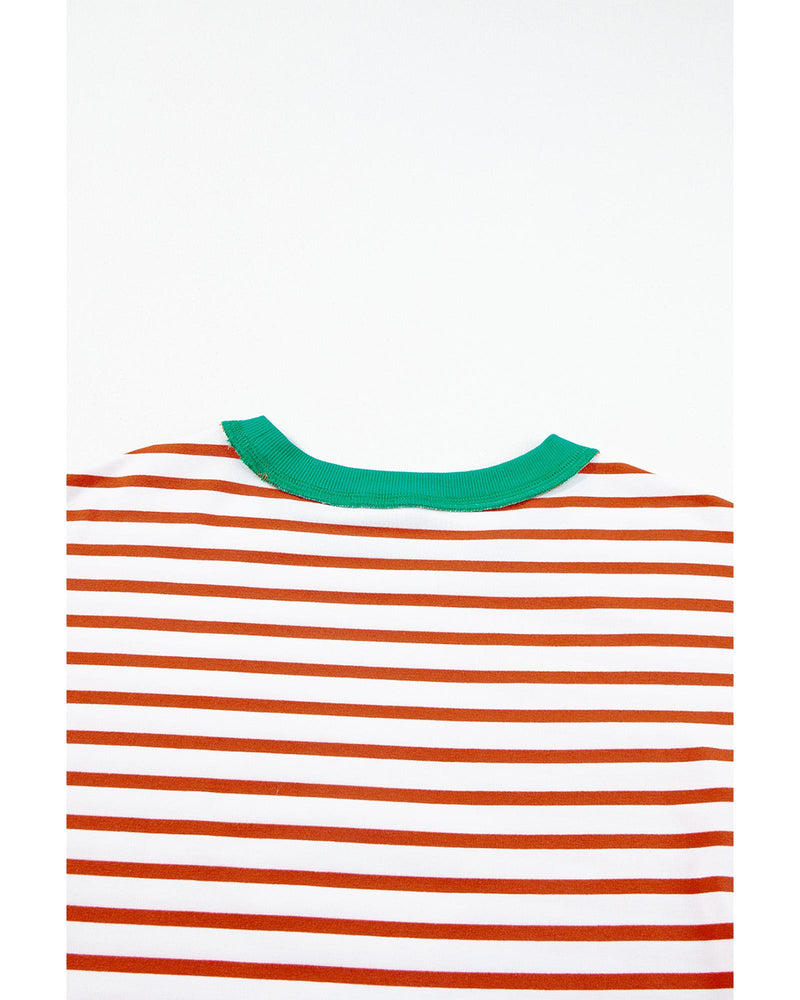 Orange Stripe Oversized Contrast Trim Exposed Seam High Low T Shirt - L