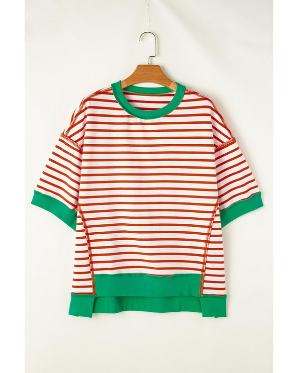 Orange Stripe Oversized Contrast Trim Exposed Seam High Low T Shirt - M