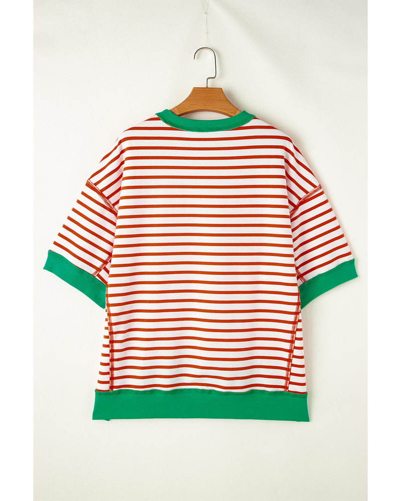 Orange Stripe Oversized Contrast Trim Exposed Seam High Low T Shirt - M