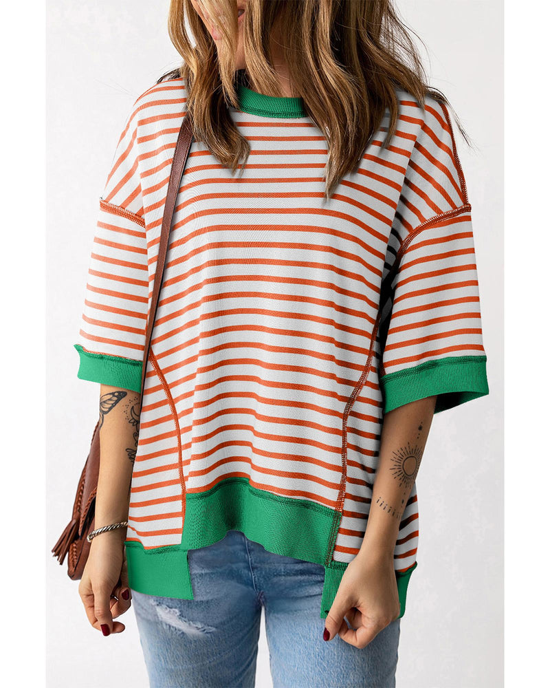 Orange Stripe Oversized Contrast Trim Exposed Seam High Low T Shirt - M