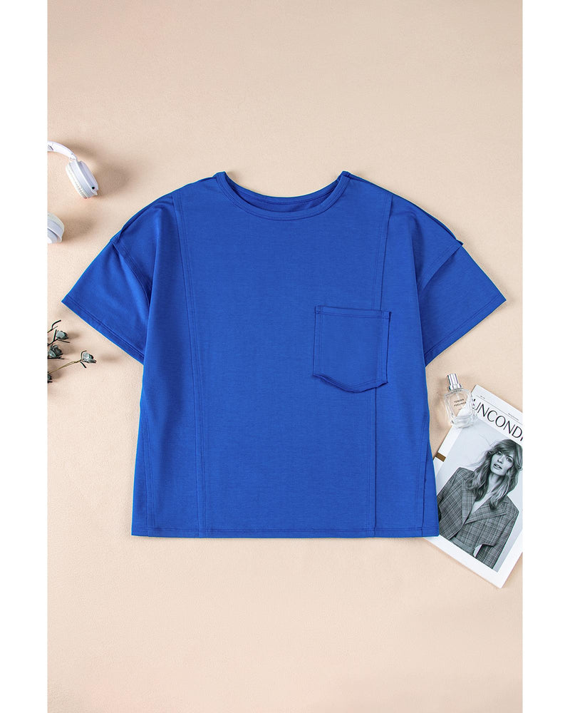 Blue Patched Pocket Exposed Seam Oversize T-shirt - L
